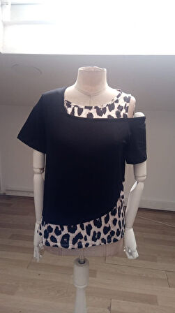 Kadın Kısa Kollu Geometrik Kesin Detaylı çift Renkli Viskon Bluz