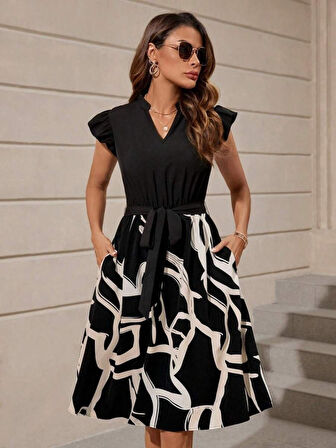 Kadın Kısa Kollu V Yakalı üst Janjan Krep Alt Desenli Süprem Mini Elbise