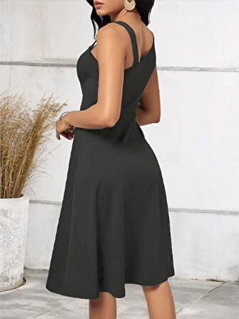 Kadın Tek Omuzu şerit Detaylı Kolsuz Yandan Düğme Detaylı Janjan Krep Elbise