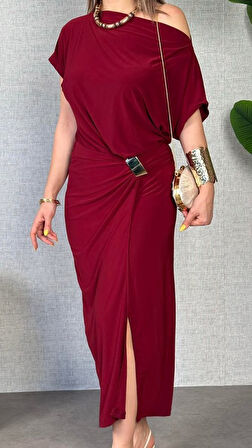 Kadın Kısa Kollu Tek Omuzdan Açık Beli Lastikli Sandy Maxi Elbise