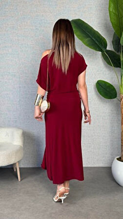 Kadın Kısa Kollu Tek Omuzdan Açık Beli Lastikli Sandy Maxi Elbise