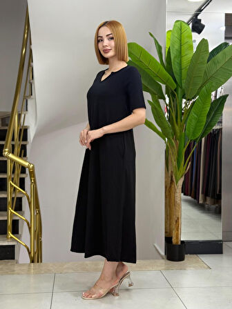 Kadın Kısa Kollu V Yakalı Cep Detaylı Uzun Janjan Krep Elbise