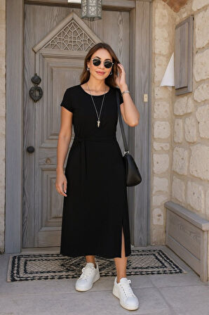 Kadın Kısa Kollu Yuvarlak Yaka Belden Bağcıklı önden Yırtmaçlı Aerobin Elbise