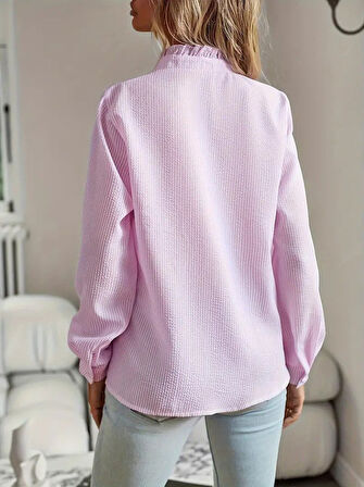 Kadın Uzun Kollu Fırfır Yakalı önden Düğmeli çizgili Burgu Gömlek
