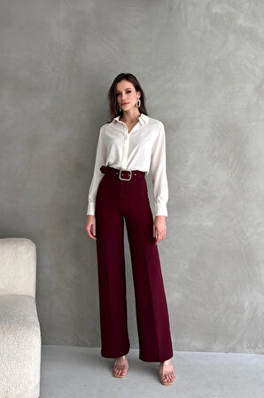 Kadın Yüksek Bel Krep Kumaş Full Likralı Ispanyol Paça Kemer Dahil Pantolon