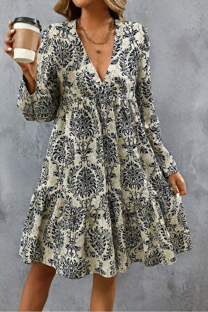 Kadın Uzun Kollu V Yakalı Fırfırlı Mini Süprem Elbise