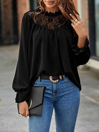 Kadın Uzun Kollu Dantelli Salaş Sandy Bluz