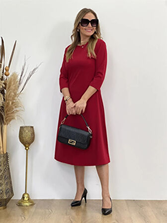 Kadın Uzun Truvakar Kol Bisiklet Yaka Midi Modal Elbise