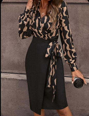 Kadın Uzun Kollu Kruvaze Yaka Dijital Baskılı Fiyonk Detay Atlas Kumaş Elbise