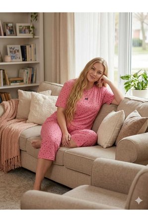 Büyük Beden Kısa Kol Kapri Yumuşak Tuşeli Likralı Örme Pijama Takımı
