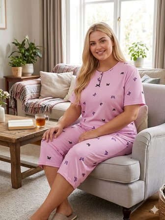 Büyük Beden Kısa Kol Kapri Yumuşak Tuşeli Likralı Örme Pijama Takımı