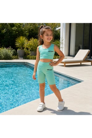 Kız Çocuk Mint Yeşili Crop Üst ve Uzun Şortlu Mayo Takımı - 2 Parça