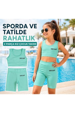 Kız Çocuk Mint Yeşili Crop Üst ve Uzun Şortlu Mayo Takımı - 2 Parça