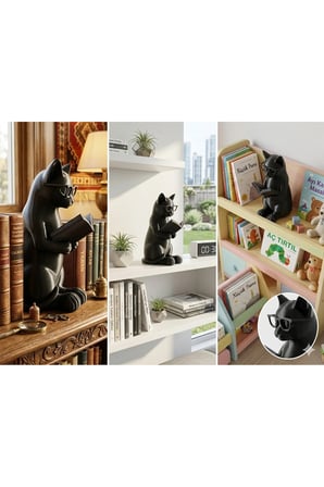 Kitap Okuyan Kedi Figürü Kitaplık Süsü Tatlı Masa Süsü 17 CM