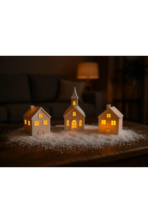 Yılbaşı Konsept Led Işıklı 3 Adet Ev Biblo Kış manzaralı tealight Ledli Kış evleri Led Mumlar Hediye