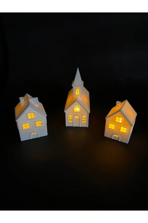 Yılbaşı Konsept Led Işıklı 3 Adet Ev Biblo Kış manzaralı tealight Ledli Kış evleri Led Mumlar Hediye