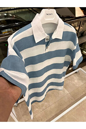 Polo Yaka Çizgili Keten Kumaş T-shirt