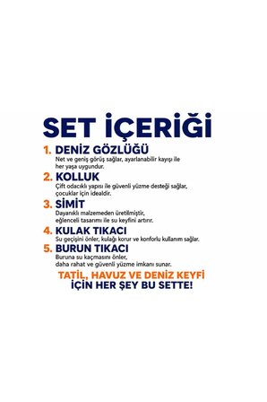 Çocuk 5'li Deniz ve Havuz Yüzme Seti Deniz Gözlüğü + Çift Odalı Kolluk + Çocuk Simidi + Kulak Tıkacı + Burun Tıkacı