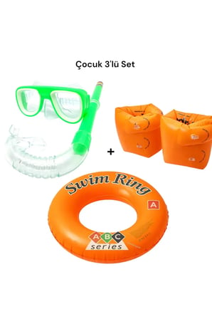 3-8 Yaş Çocuk 3'lü Deniz ve Havuz Yüzme Seti Maske Şnorkel - Çift Odalı Kolluk ve Simit