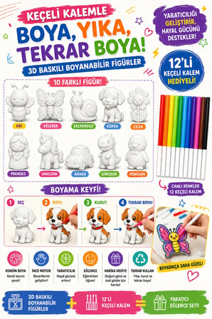 Keçeli Kalemle Boyanabilir 3D Baskılı Figür Seti – 10 Farklı Model + 12’li Keçeli Kalem Hediyeli
