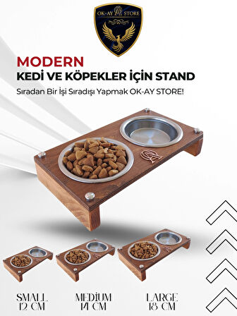  Paslanmaz Çelik Kaseli Kedi Köpek Mama ve Su Kabı Standı – Ahşap Gövde, Kaymaz Tabanlı (Medium)