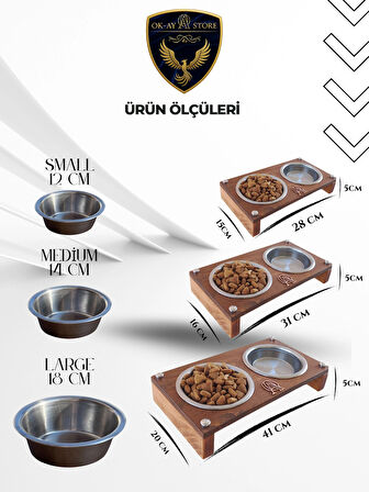  Paslanmaz Çelik Kaseli Kedi Köpek Mama ve Su Kabı Standı – Ahşap Gövde, Kaymaz Tabanlı (Medium)
