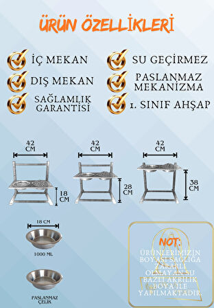 Kedi-Köpek Standı Ayarlanabilir 3 Yükseklik 2 Paslanmaz Çelik Mama Su Kabı Kedi-Köpek Kasesi Standı