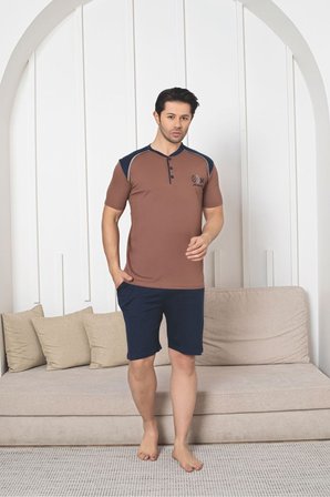 Erkek Pamuklu Örme Kısa Kol Şort Cepli Pijama Takımı