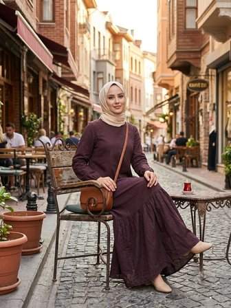 Kadın Düz Renk Dokuma Viskon Kumaş Uzun Tesettür Elbise