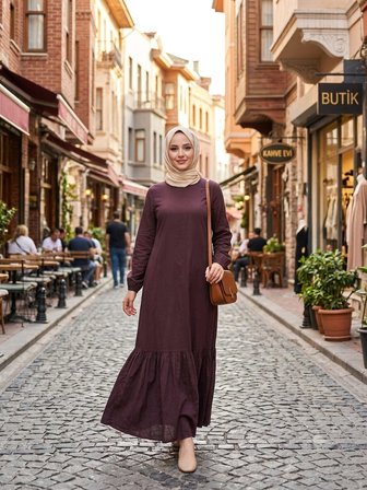 Kadın Düz Renk Dokuma Viskon Kumaş Uzun Tesettür Elbise