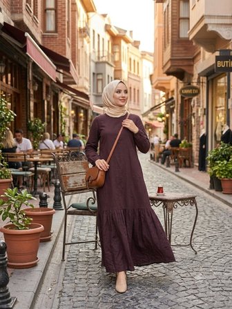 Kadın Düz Renk Dokuma Viskon Kumaş Uzun Tesettür Elbise