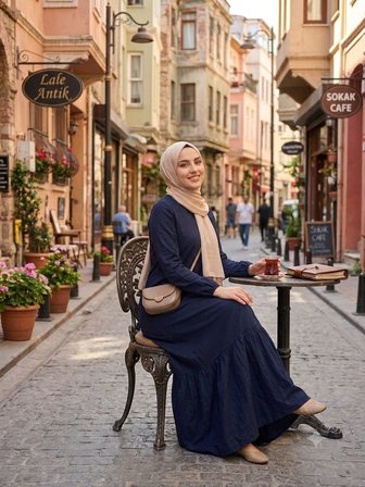 Kadın Düz Renk Dokuma Viskon Kumaş Uzun Tesettür Elbise