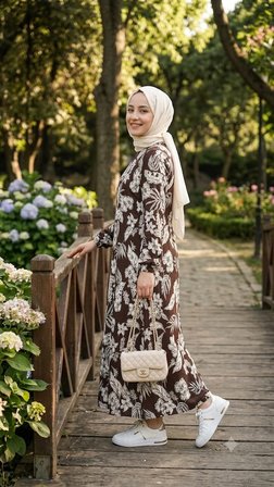 Kadın Desenli Dokuma Viskon Kumaş Uzun Tesettür Elbise