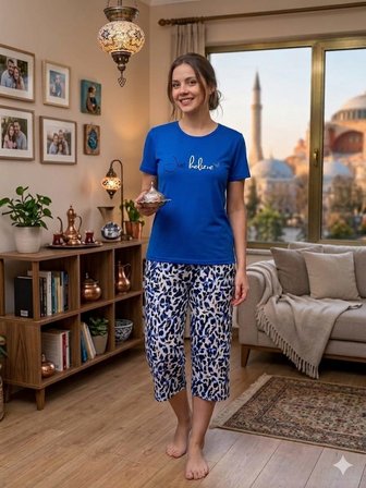 Kadın Kısa Kol Kapri Yumuşak Tuşeli Likralı Penye Pijama Takım