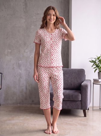 Kadın Kısa Kollu Yumuşak Tuşe Yazlık Likralı Kumaş Kapri Pijama Takım