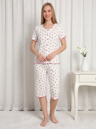 Kadın Kısa Kollu Yumuşak Tuşe Yazlık Likralı Kumaş Kapri Pijama Takım