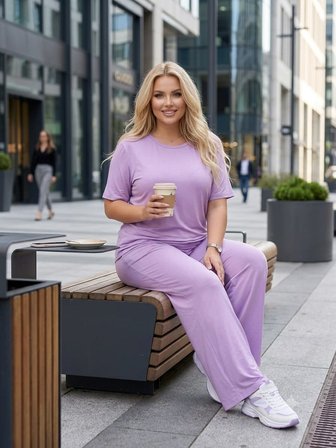 Büyük Beden Likralı Penye Kumaş Yandan Yırtmaçlı 2'li Şık Tunik Alt-üst Takım