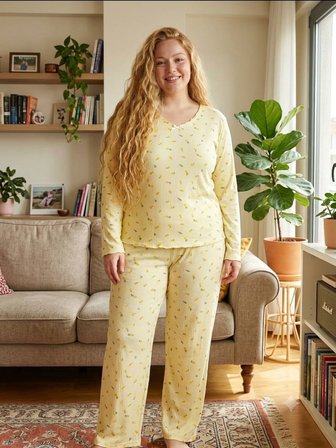 Büyük Beden Yumuşak Tuşeli Uzun Kol Likralı Pijama Takımı