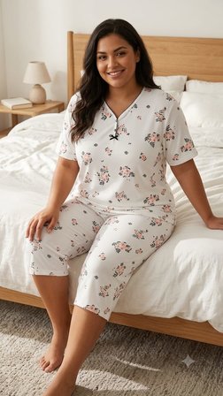 Büyük Beden Kısa Kol Kapri Yumuşak Tuşeli Likralı Örme Pijama Takımı