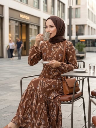 Kadın Büyük Beden Desenli Dokuma Viskon Kumaş Uzun Elbise