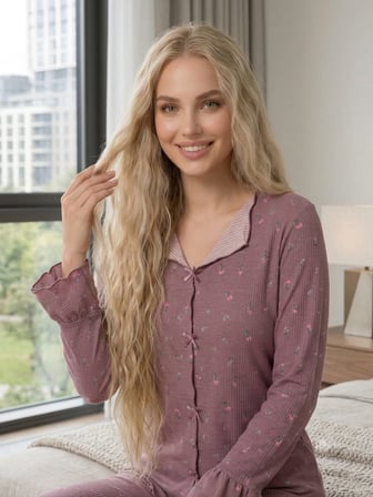 Kadın  Uzun Kollu Desenli Fiyonk Detaylı Kaşkorse Kumaş Pijama Takımı