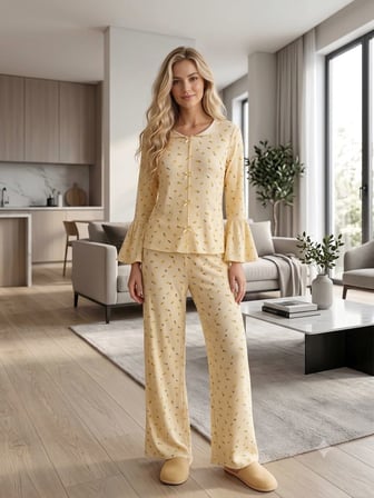 Kadın  Uzun Kollu Desenli Fiyonk Detaylı Kaşkorse Kumaş Pijama Takımı