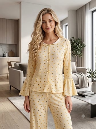 Kadın  Uzun Kollu Desenli Fiyonk Detaylı Kaşkorse Kumaş Pijama Takımı