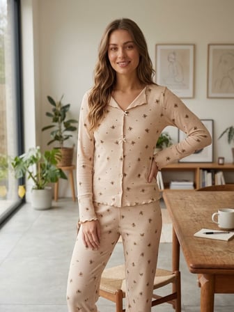 Kadın  Uzun Kollu Desenli Fiyonk Detaylı Kaşkorse Kumaş Pijama Takımı