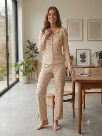Kadın  Uzun Kollu Desenli Fiyonk Detaylı Kaşkorse Kumaş Pijama Takımı