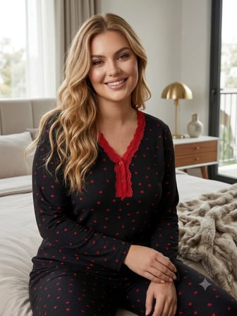 Kadın Büyük Beden Uzun Kollu Desenli Dantel Detaylı Kaşkorse Kumaş Pijama Takımı