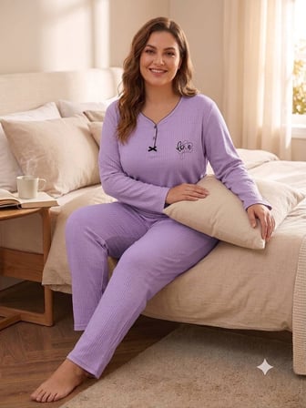 Büyük Beden Uzun Kol Pamuklu Likralı İnterlok Kumaş Pijama Takımı