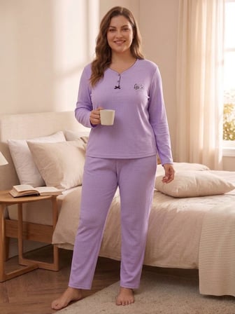 Büyük Beden Uzun Kol Pamuklu Likralı İnterlok Kumaş Pijama Takımı