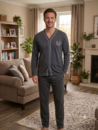 Erkek Slim Fit Süprem Kumaş Boydan Düğmeli Uzun Kollu Pijama Takımı