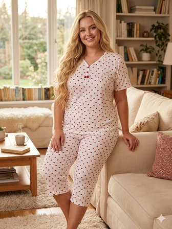 Büyük Beden Kısa Kollu Yumuşak Tuşeli Likralı Kapri Pijama Takımı